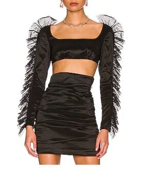 NBD Black Satin Two-Piece Mini Dress with Fringe Sleeves